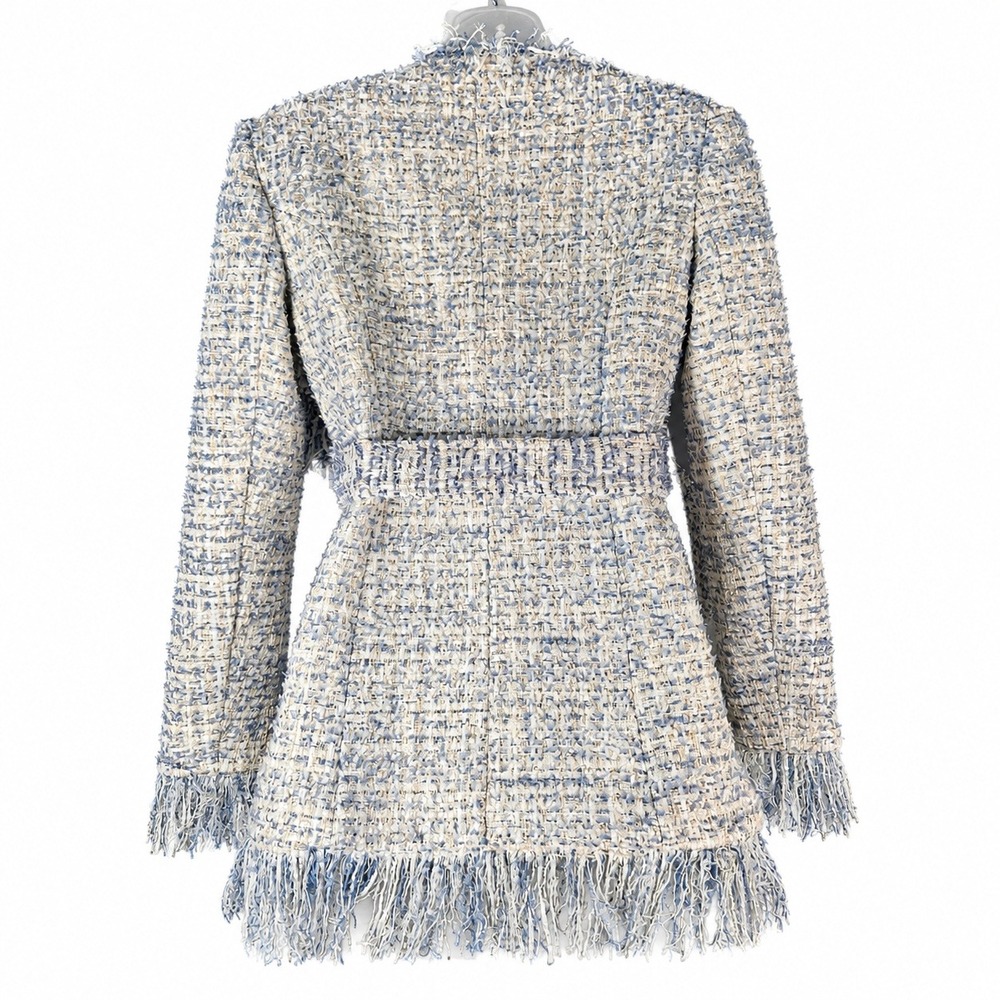 Balmain Tweed Jacket Womens M Blue Fringed Sequin Glam Designer Belt Luxury Boho - Picture 2 of 16